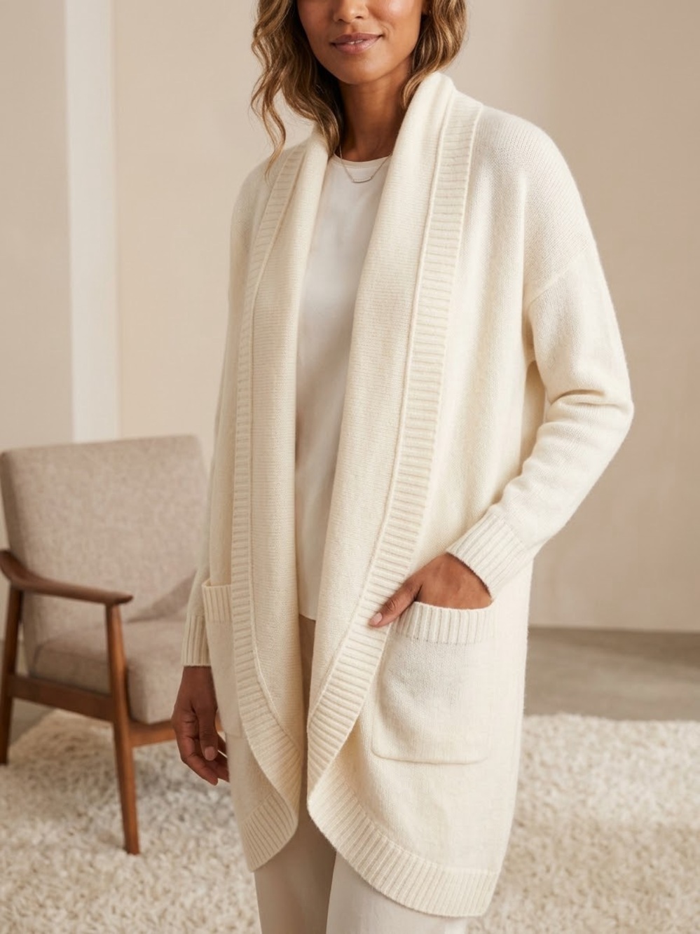Charter Club luxury 100% Open-Front  Cashmere Cream Cardigan